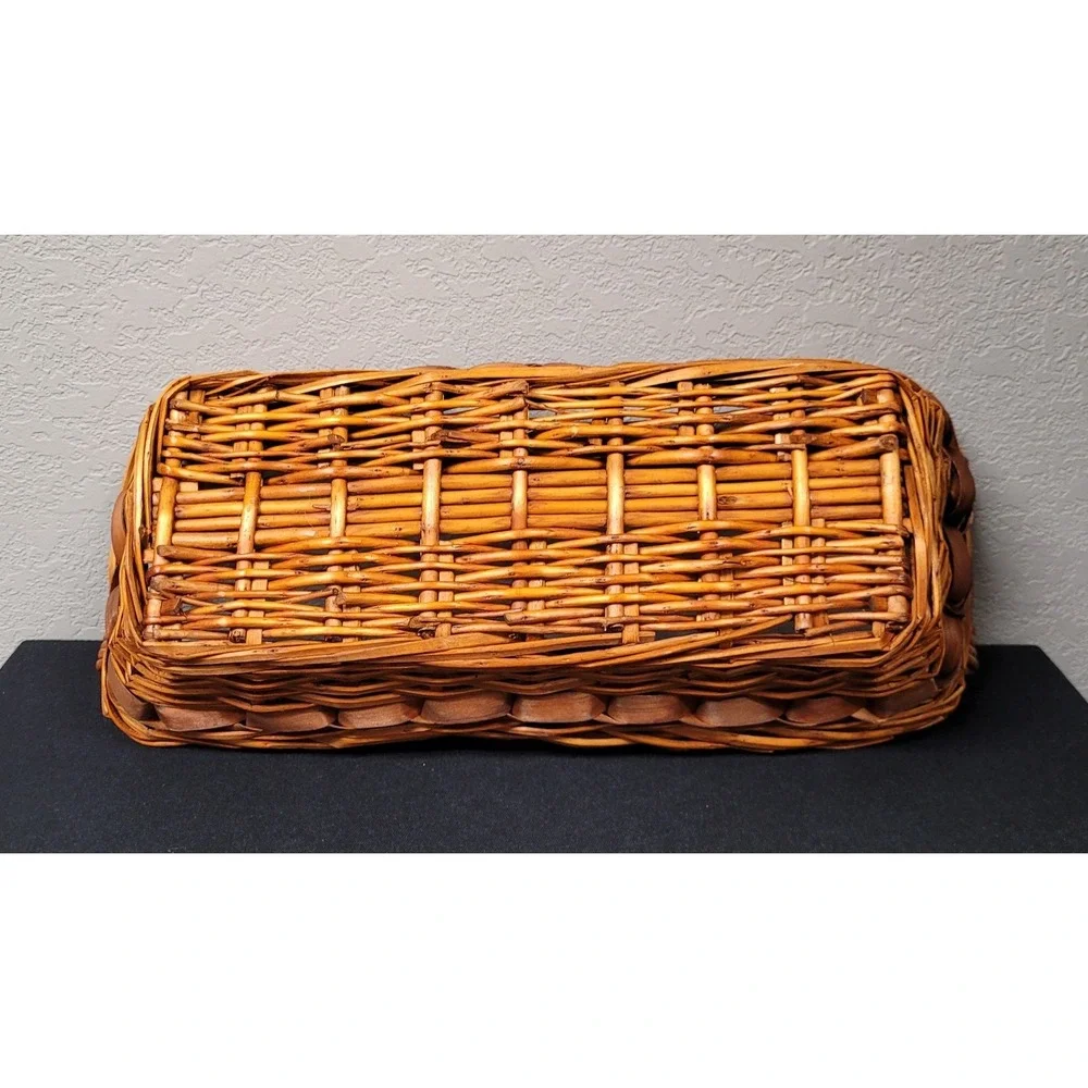 Vintage 1980s Wicker and Chipwood Rectangular Serving Basket with Wood Handles